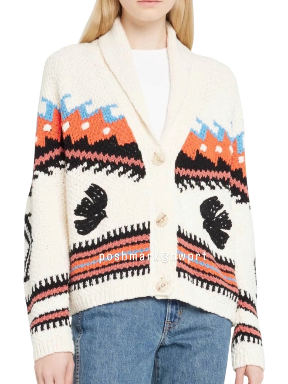 MOTHER De Gaulle Shawl Collar Cotton Knit Cardigan Sweater XS Cream White Boho - Picture 3 of 14